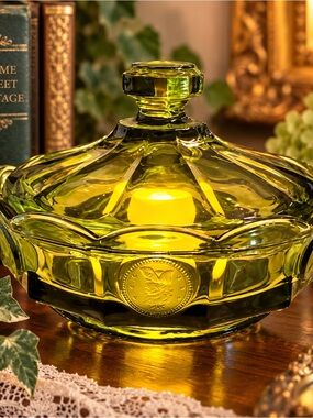 Vintage Fostoria American Coin Avocado Green Glass Fairy Lamp